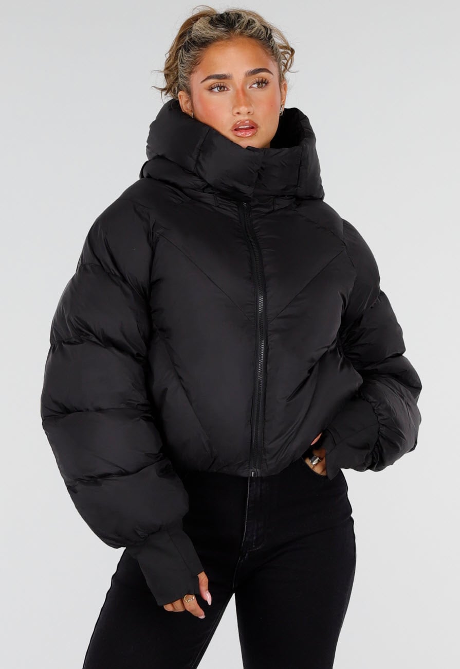 Zwarte Korte Gewatteerde Puffer Winterjas met Capuchon