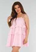 Roze Mini Jurk met Ruches en Linnenlook en Strikkoorden