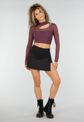 Paarse Mesh Crop Top met Lange Mouwen en Cut Out