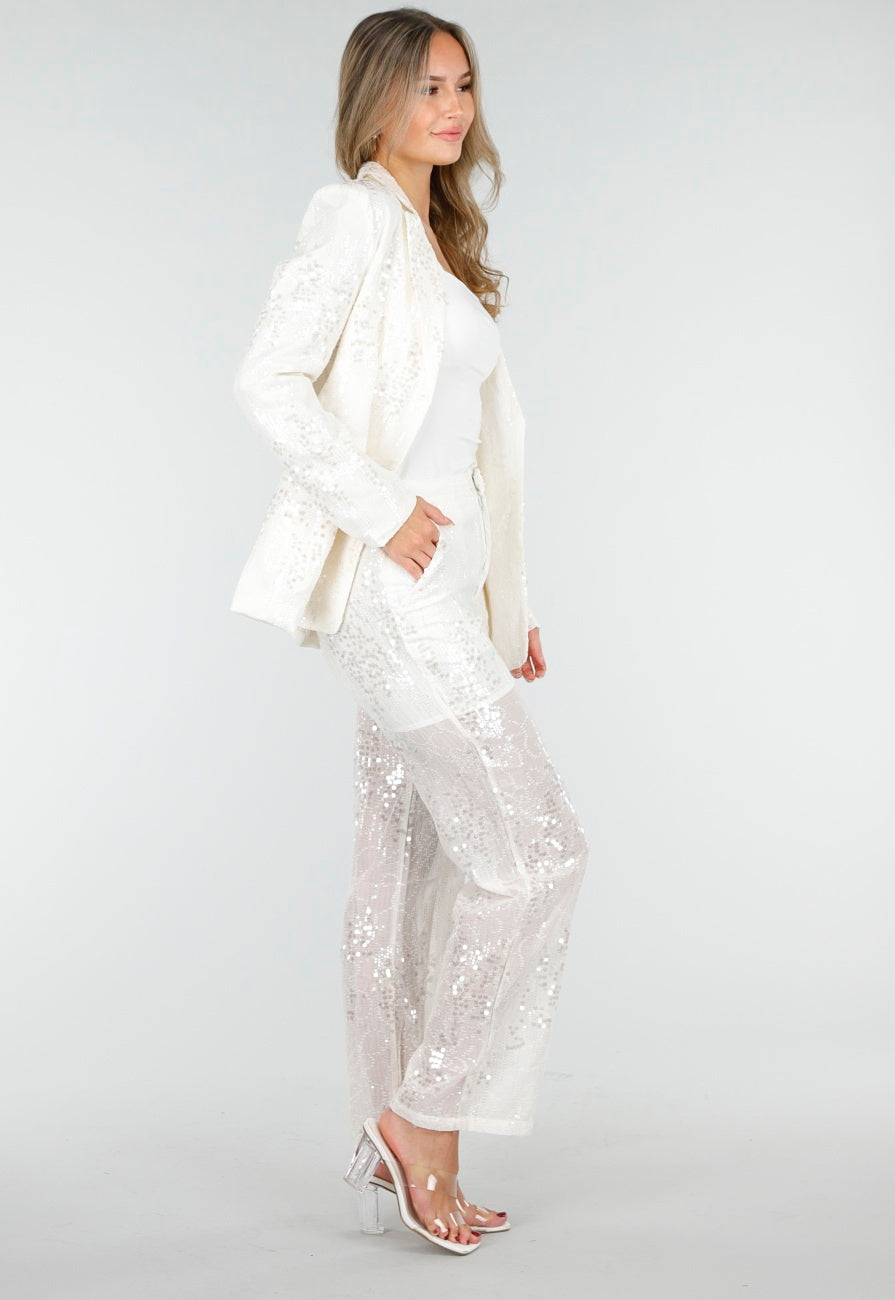 Witte Pailletten Set met Blazer en Rechte Broek