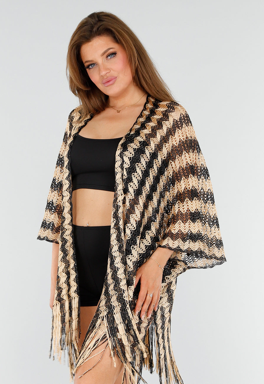 Goud-Zwarte Cover-Up met Zigzagpatroon en Franjes