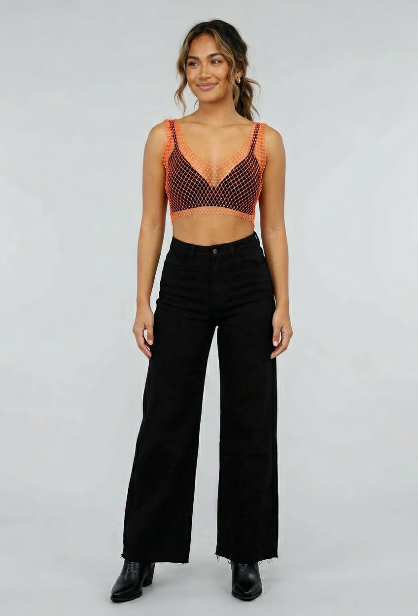 Oranje Fishnet Topje met Strass