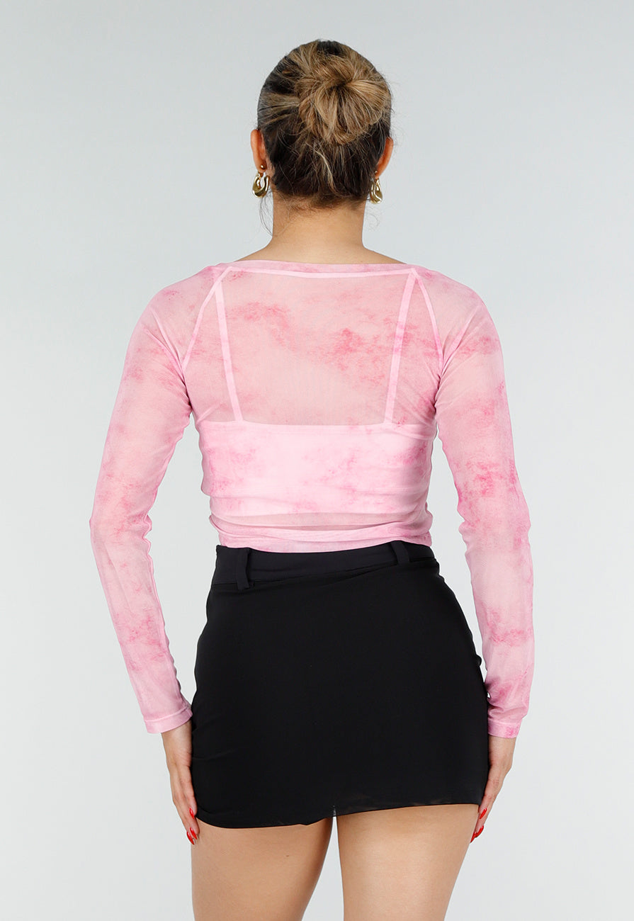 Roze Stretch Mesh Crop Top met Losse Top en Pads