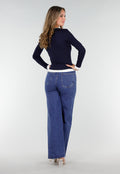 Donkerblauwe Longsleeve Top met Witte Boorden aan Hals en Mouwen