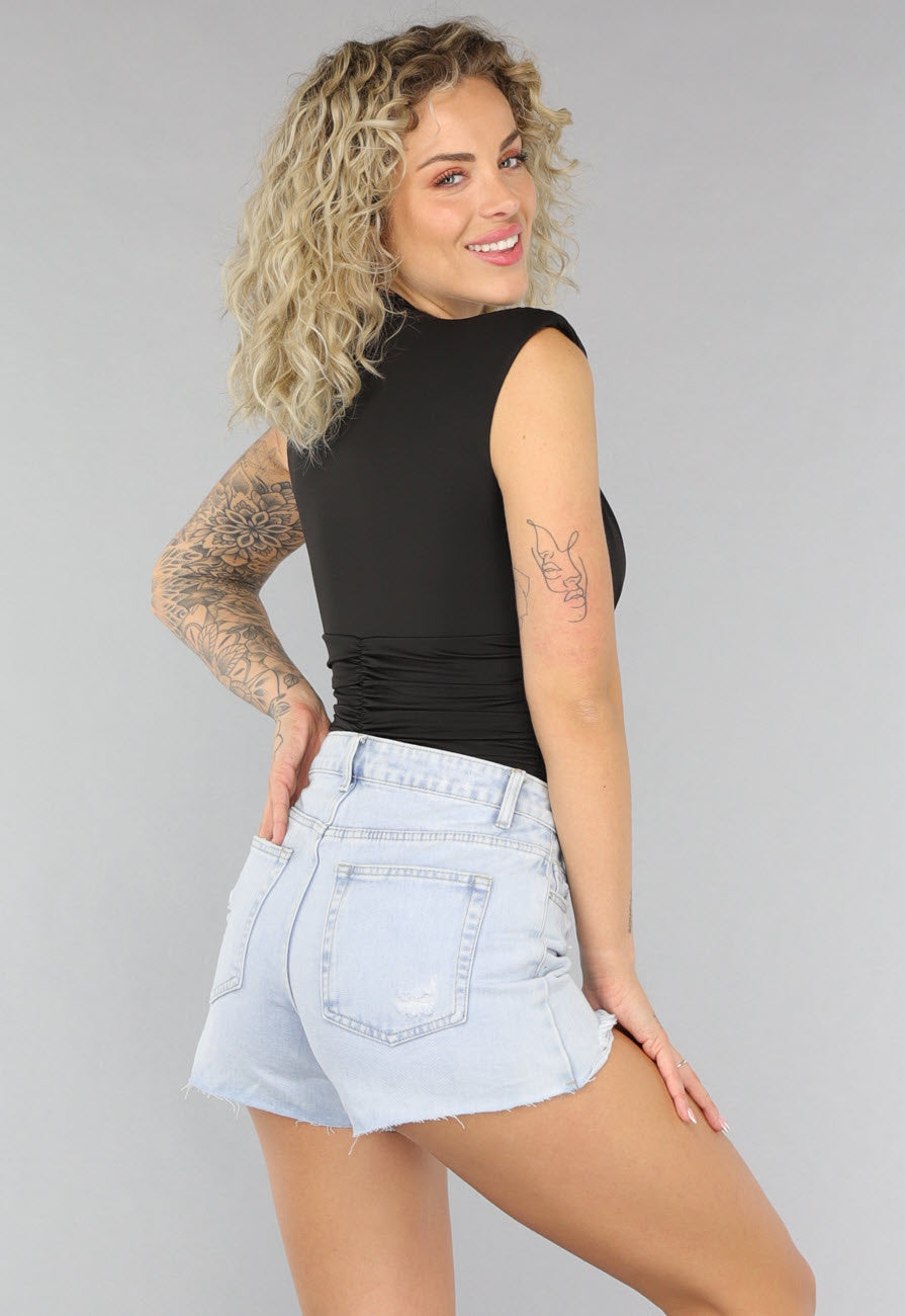 Zwarte Bodysuit met Kanten Decolleté en Schoudervullingen