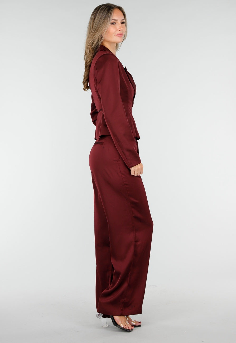 Bordeauxrode Satijnlook Wrap Blazer met Striksluiting