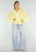 Gele Chiffon Blouse met Ruffles Lange Mouwen en Knopen