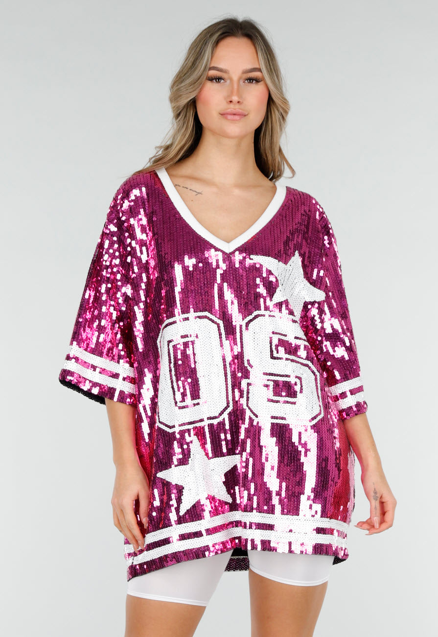 Roze Oversized Pailletten Jersey Top met V Hals
