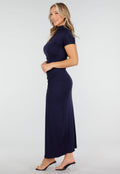 Donkerblauwe Maxi Jurk met Split en Colkraag