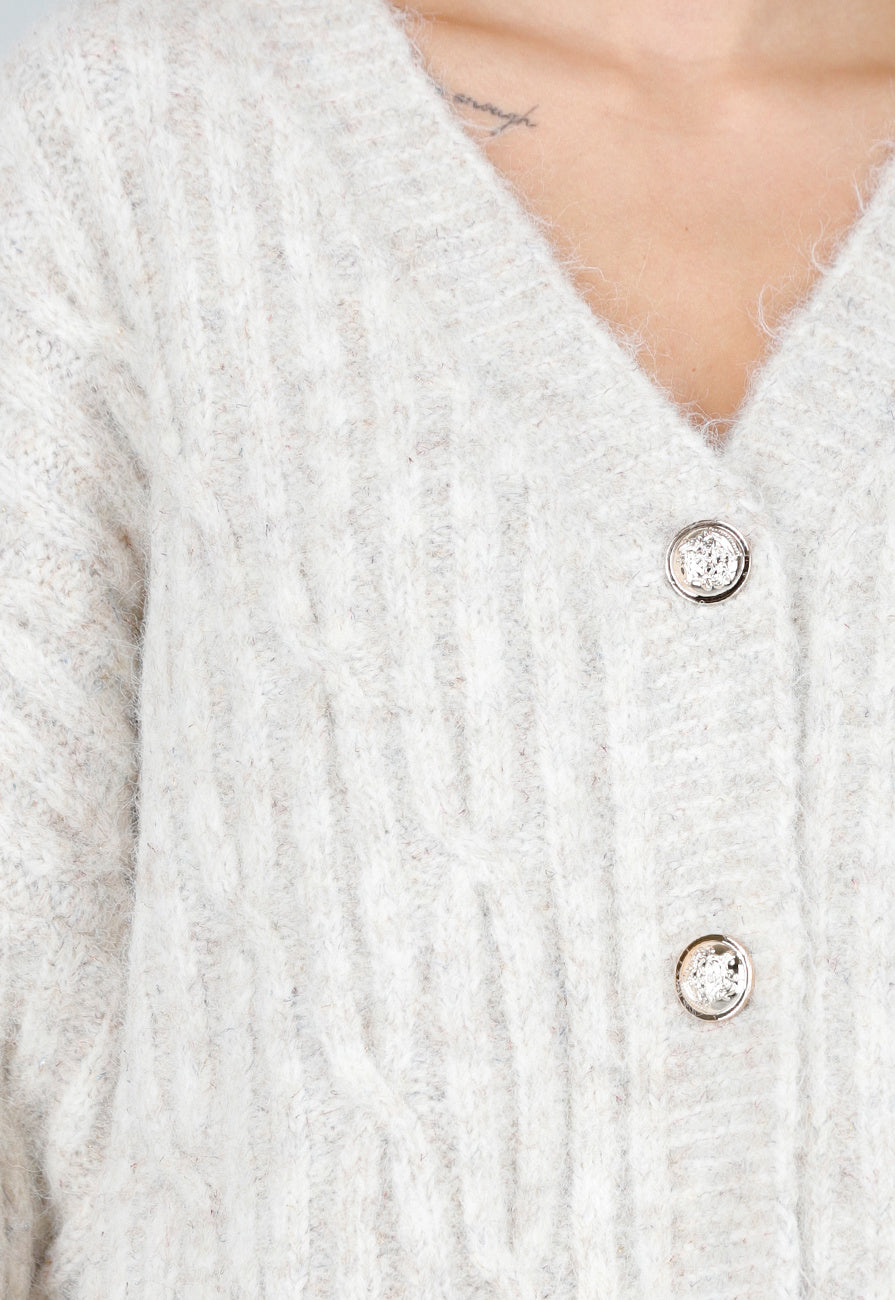 Beige Gebreid Oversized Vest met Goudkleurige Knopen