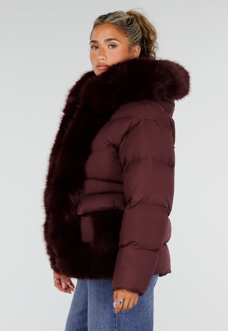 Bordeaux Korte Puffer Winterjas met Afneembare Bontkraag