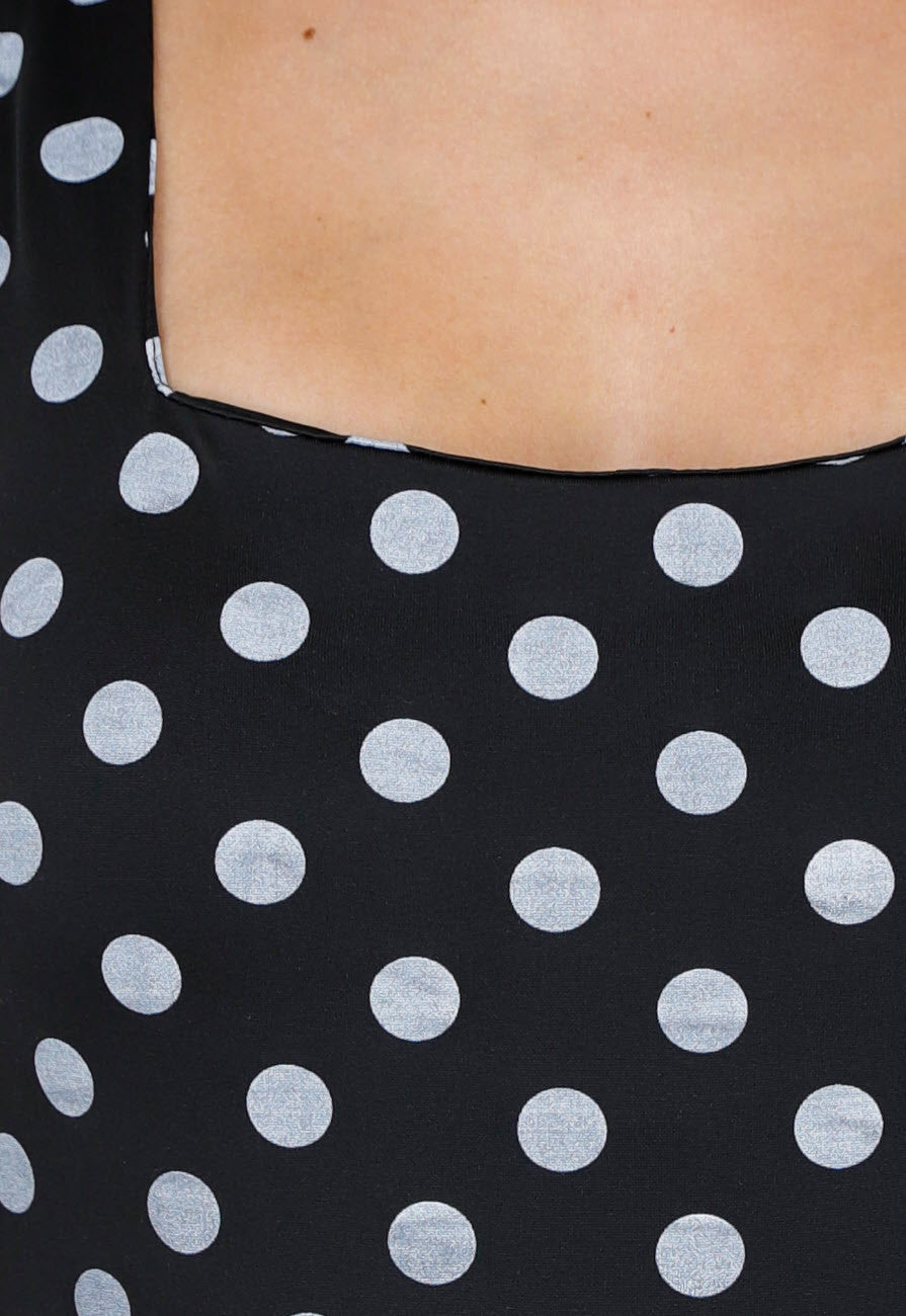 Zwarte Stretch Body met Grijze Polkadots en Vierkante Hals