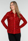 Rode Kanten Blouse met Knoopsluiting en Lange Mouwen