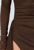 Bruine Maxi Jurk met Vierkante Hals en Split in Stretch