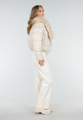 Beige Pufferjas met Bontkraag en Drukknopen