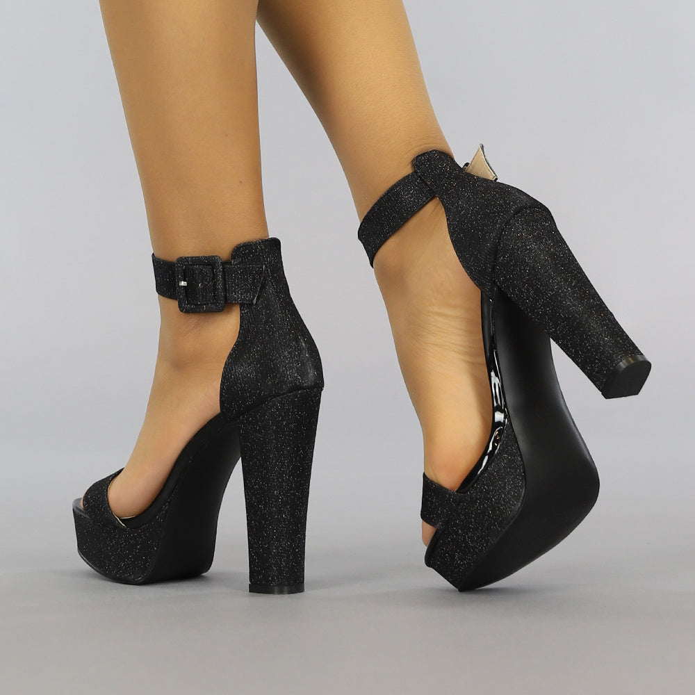 Zwarte Glitter Plateau Sandaletten met Open Teen