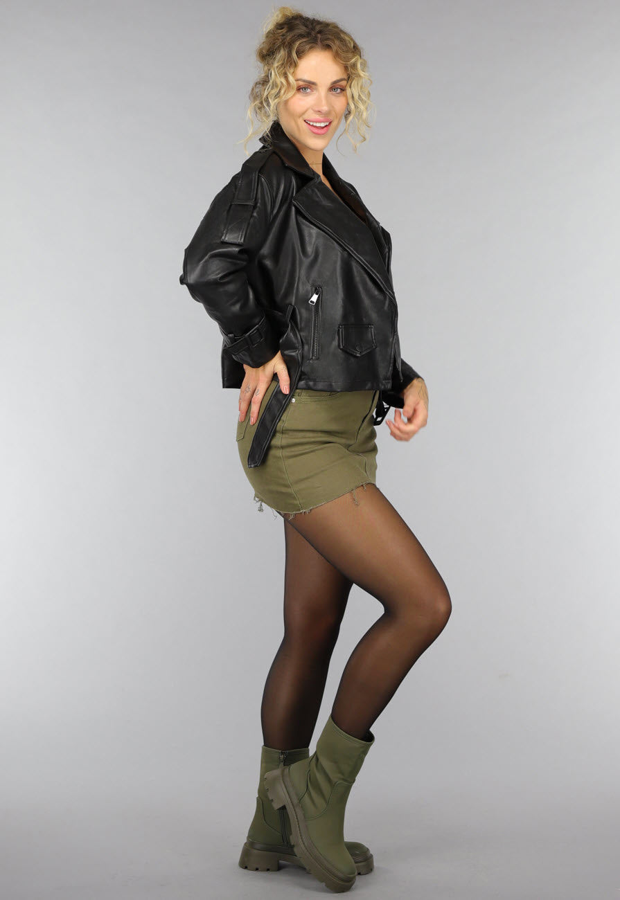 Zwart Biker Jack met Riem Details