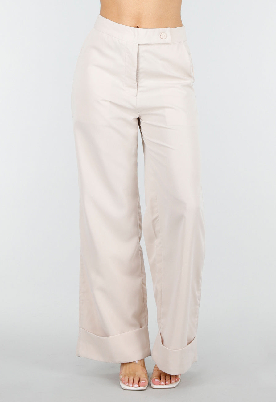 Beige Wide Leg Pantalon met Omslag en Steekzakken