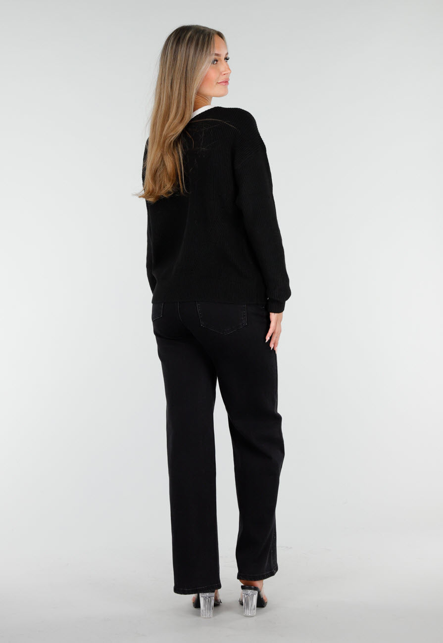 Zwarte Cardigan met Witte Striksluiting en Lange Mouwen