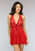 Rode Mesh Halter Slipdress met Kant