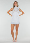 Lichtblauwe Halter Top met Kant, Strik en Open Schouders