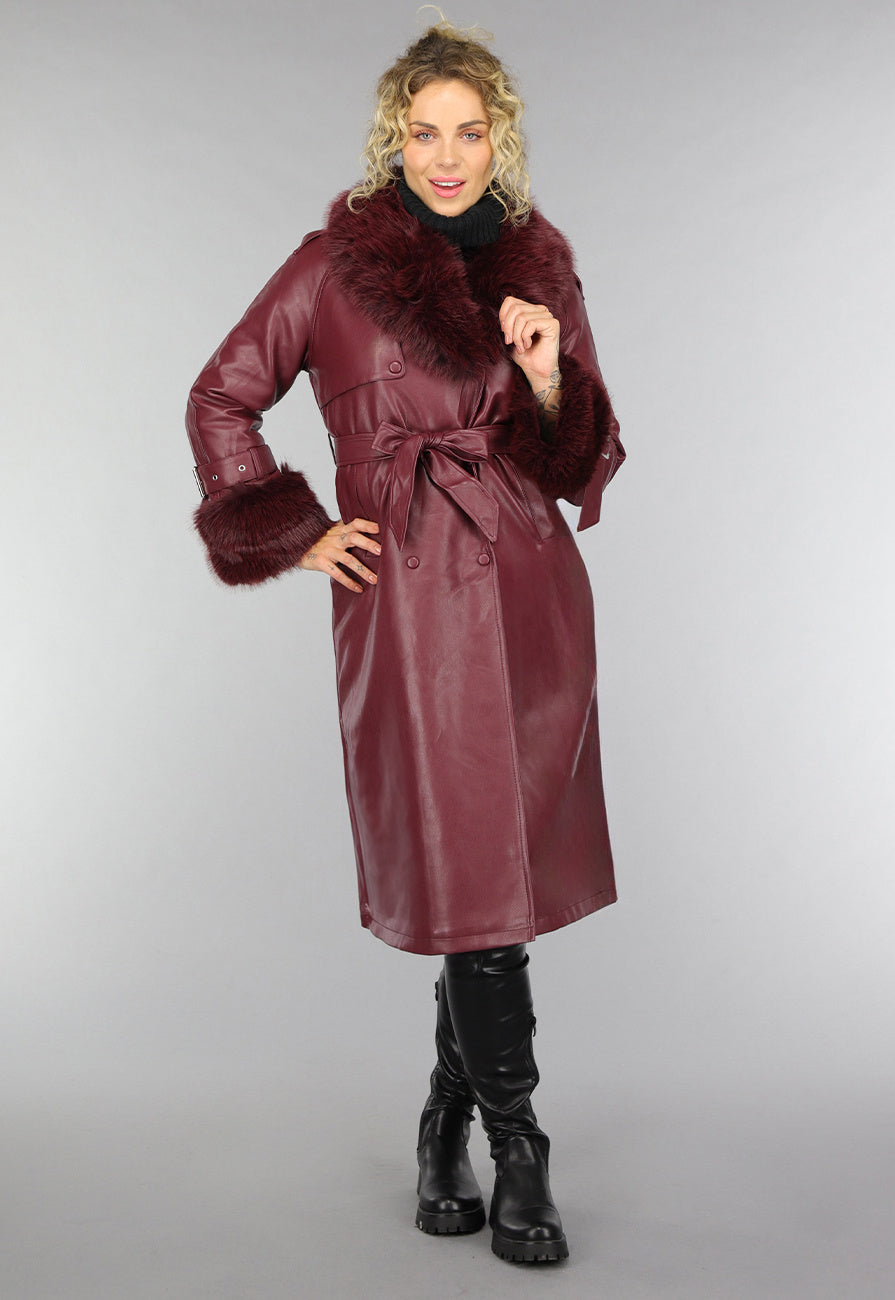 Lange Wijnrode Lederlook Trenchcoat met Bont