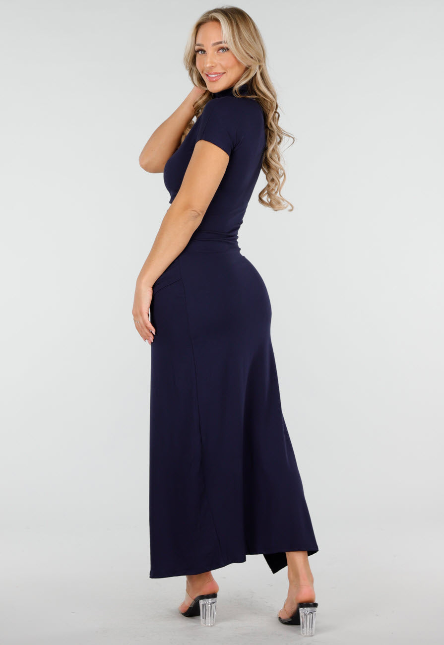 Donkerblauwe Maxi Jurk met Split en Colkraag