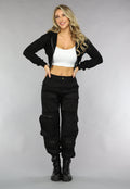 Zwart Cropped Korset Look Vestje met Capuchon