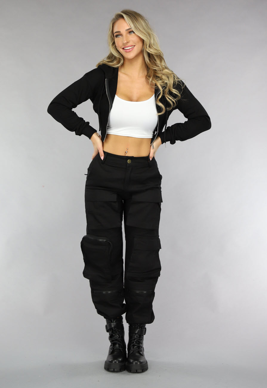 Zwart Cropped Korset Look Vestje met Capuchon