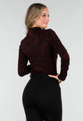 Bordeaux Stretch Top met Lange Mouwen en Col