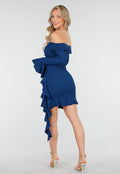 Petrolkleurige Off Shoulder Jurk met Volants en Lange Mouwen