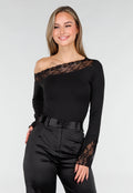 Zwarte One Shoulder Body met Lange Mouw en Kantdetails