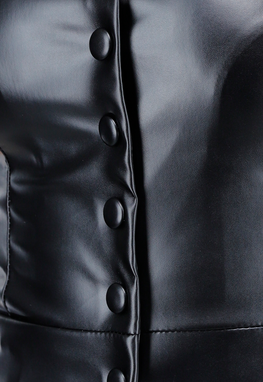 Zwarte Strapless Top van Imitatieleer met Drukknopen en Lichte Stretch