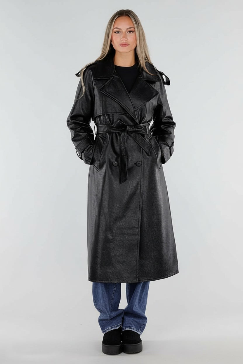 Zwarte Lange Lederlook Trenchcoat met Ceintuur en Revers