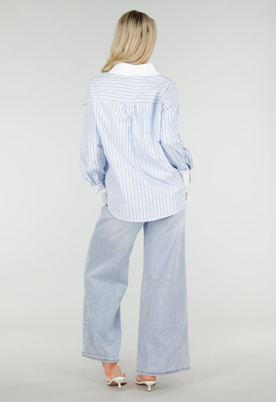 Lichtblauwe Gestreepte Blouse met Strass Steentjes en Lange Mouwen