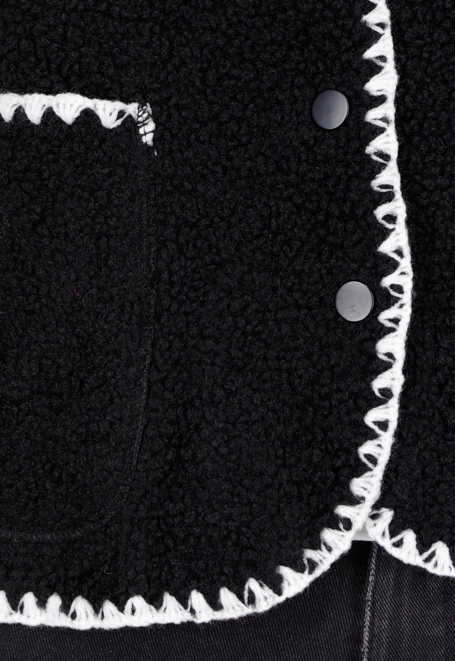 Zwart Teddy Gilet met Witte Randen en Knoopsluiting