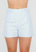 Lichtblauwe Linnenlook Short met Plooien en Rechte Pijpen