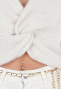 Beige Gebreide Twist Crop Trui met Lange Mouwen en V-Hals