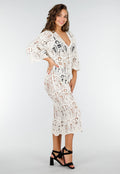 Beige Gehaakte Cover-up Jurk Vest met V-Hals en Lange Mouwen