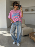 Roze Oversized T-Shirt met Blauwe Tekstprint