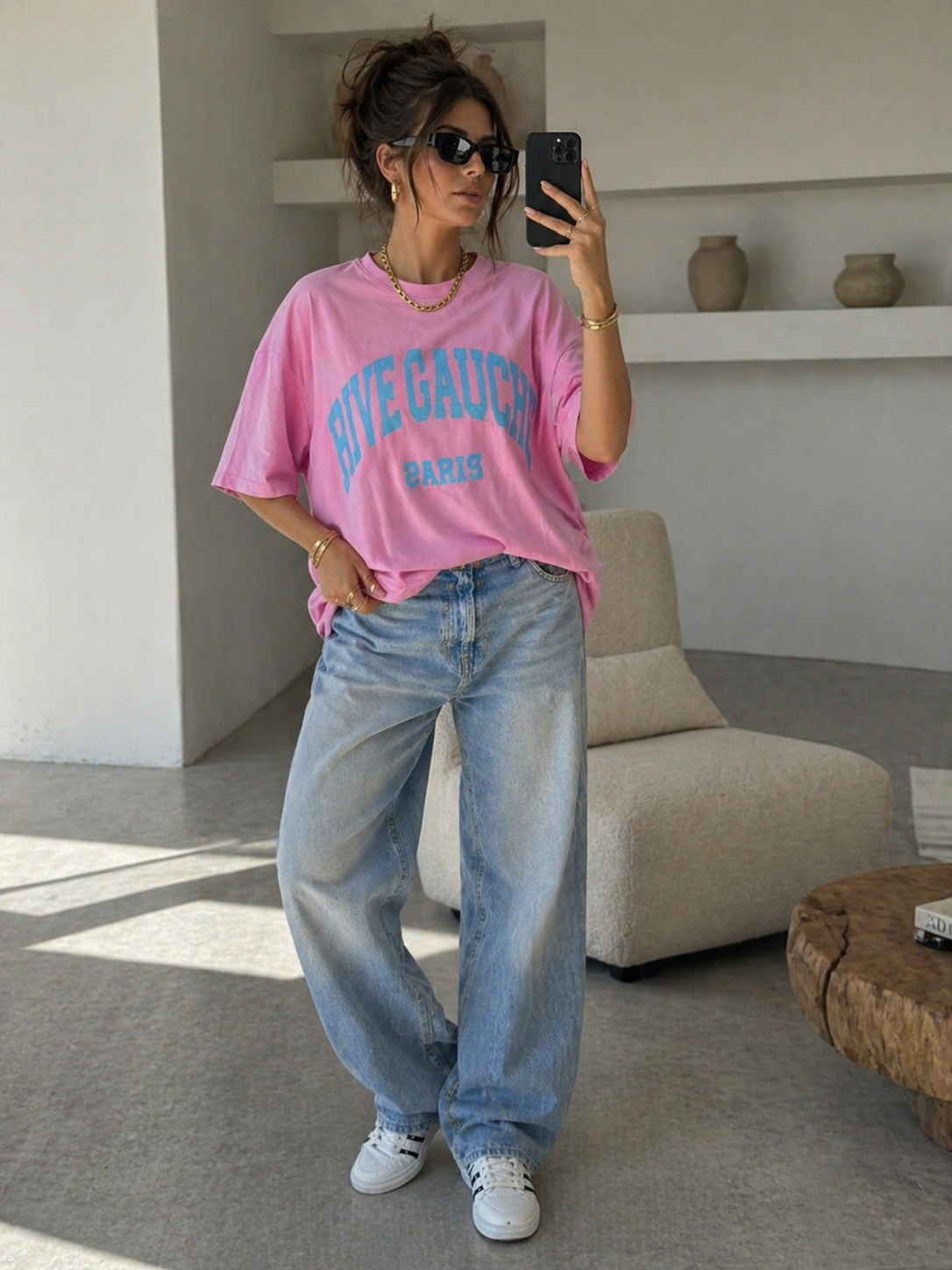 Roze Oversized T-Shirt met Blauwe Tekstprint