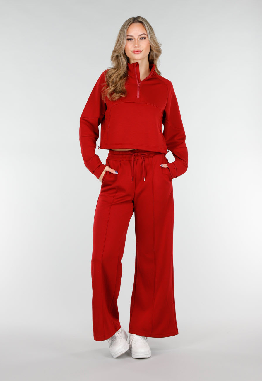 Bordeauxrode Cropped Lounge Trui met Halve Rits en Hoge Kraag