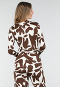 Bruin-Witte Stretch Jumpsuit met Overslag en Ceintuur