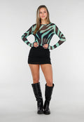 Groene Mesh Top met Zebraprint en Lange Mouwen