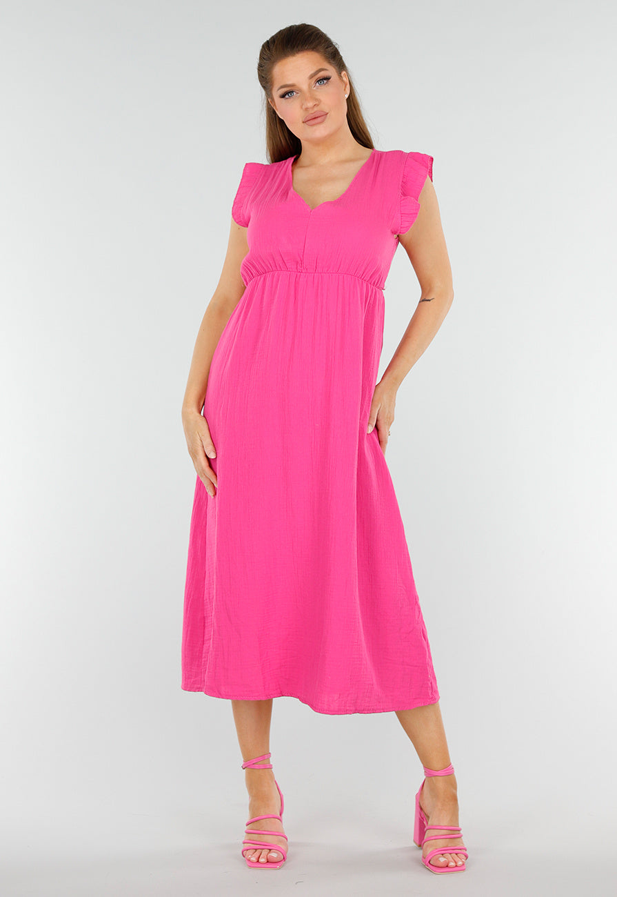 Fuchsia Linnenlook Midi Jurk met Ruches en V-Hals