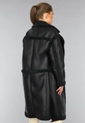 Lange Zwarte Lederlook Teddy Trenchcoat