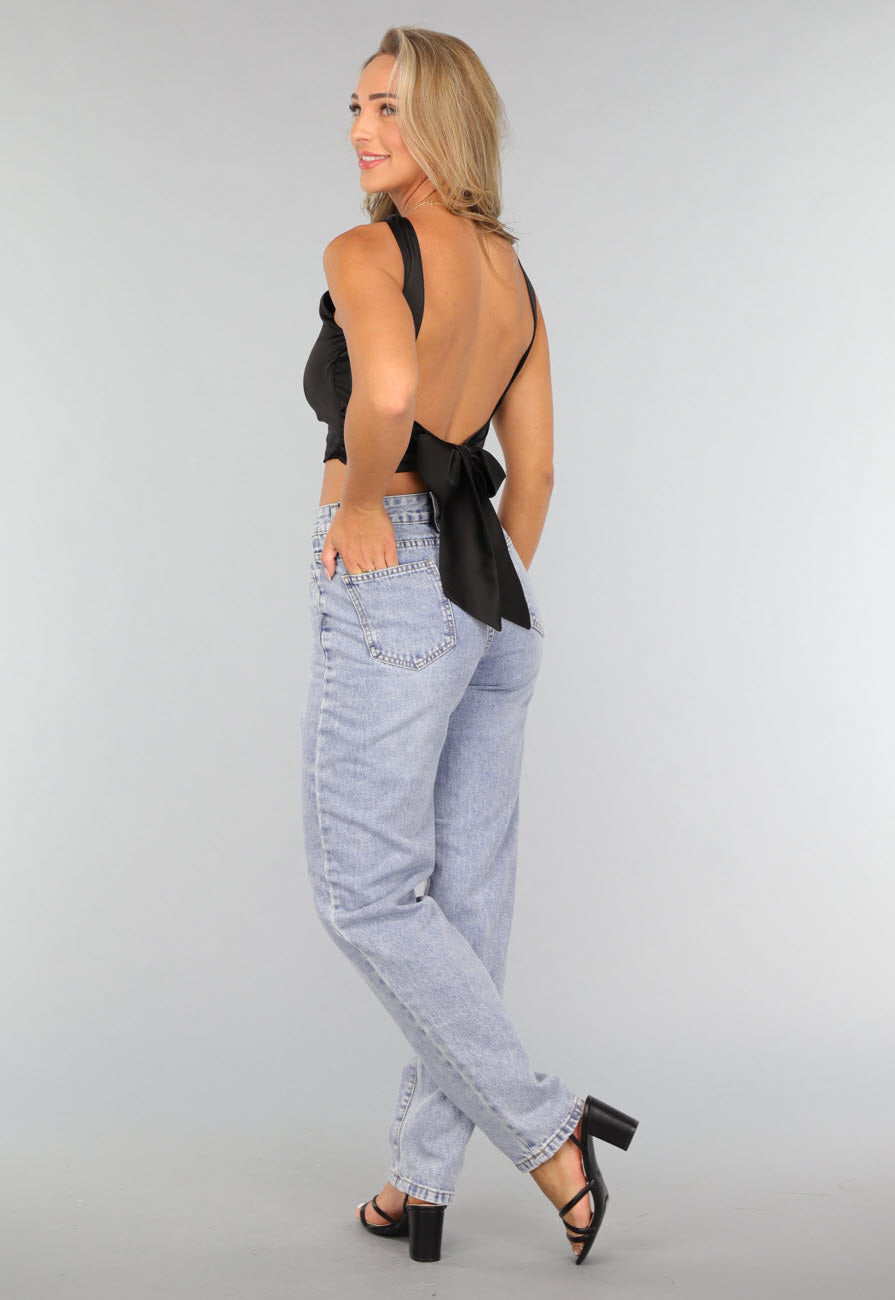 Zwarte Satin Top met Strikdetail
