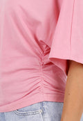 Roze Oversized T-Shirt met Halflange Mouwen en Geplooid Detail
