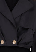 Zwarte Korte Trenchcoat met Knopen en Reverskraag