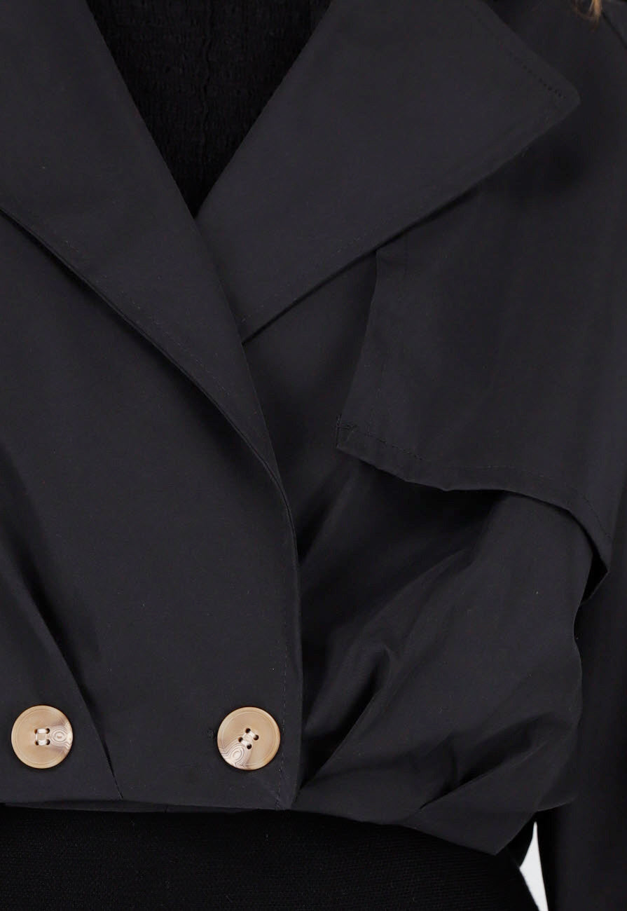 Zwarte Korte Trenchcoat met Knopen en Reverskraag